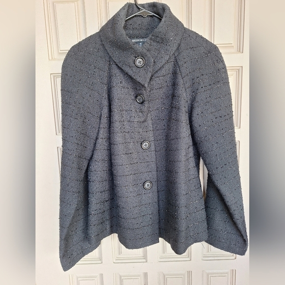 Briggs New York Jacket Sz10 Black Tweddy/Shiny Stripe Button Asymetric Collar - Picture 1 of 15